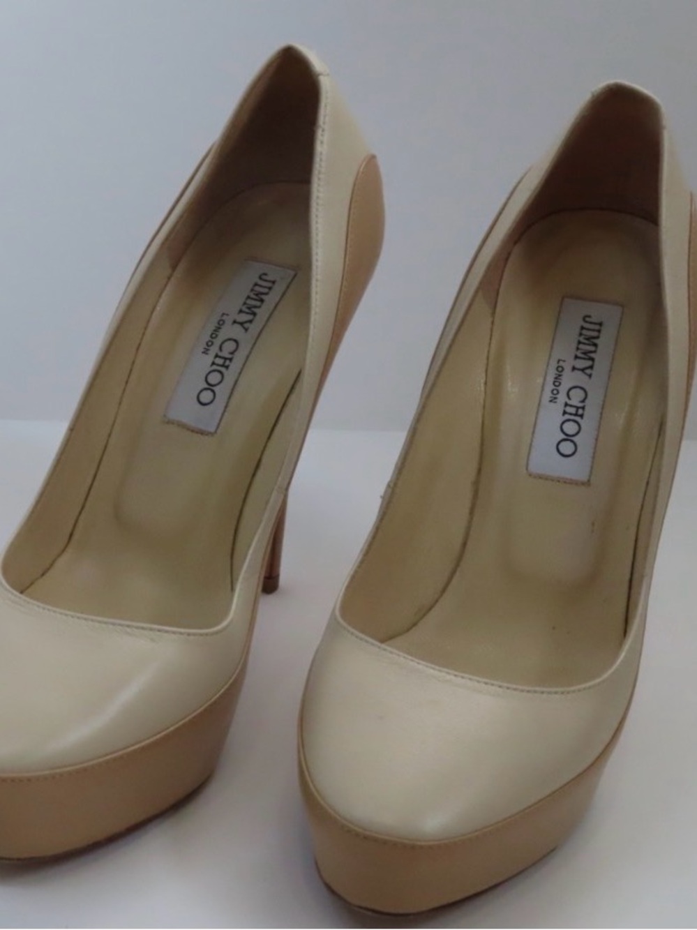 Jimmy Choo Two-Tone Cream and Tan Platform Pumps
